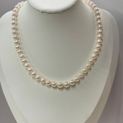 Akoya pearl necklace with 6-8.7mm pearls, 43cm length, showcasing lustrous white pearls from Ise-Shima Ebsu Bay
