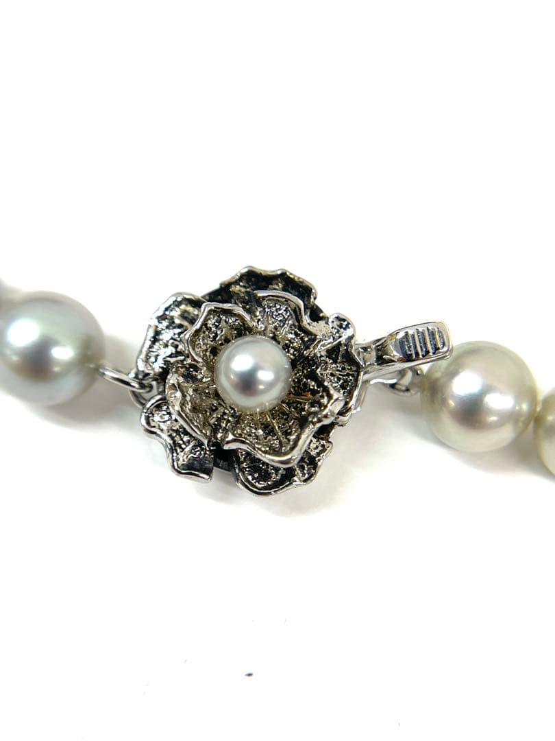 Camellia Akoya pearl necklace with 7.0-7.4mm pearls, single strand, and silver clasp on white background