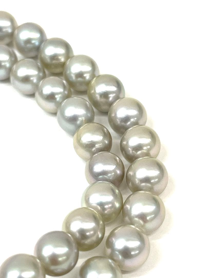 Camellia Akoya pearl necklace with 7.0-7.4mm pearls, single strand, and silver clasp on white background