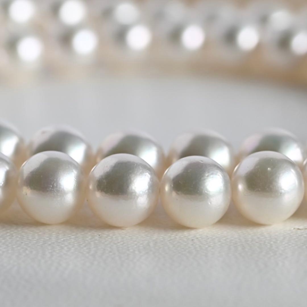 Takatsuki Akoya pearl necklace with 7.5mm round pearls and silver ribbon clasp on a white background