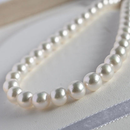 Takatsuki Akoya pearl necklace with 7.5mm round pearls and silver ribbon clasp on a white background