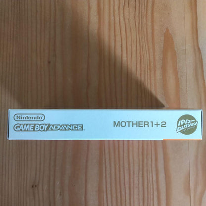 Game Boy Advance MOTHER1+2 game cartridge showing front label with visible signs of aging
