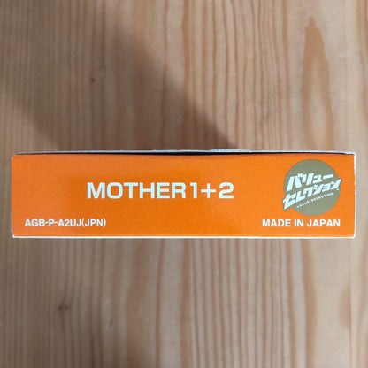 Game Boy Advance MOTHER1+2 game cartridge showing front label with visible signs of aging