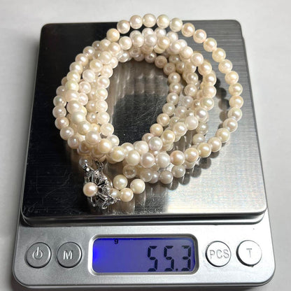 Akoya pearl 2-strand semi-long necklace with 5.3-5.5mm pearls and silver stamp clasp