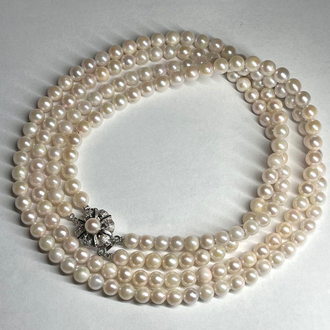 Akoya pearl 2-strand semi-long necklace with 5.3-5.5mm pearls and silver stamp clasp