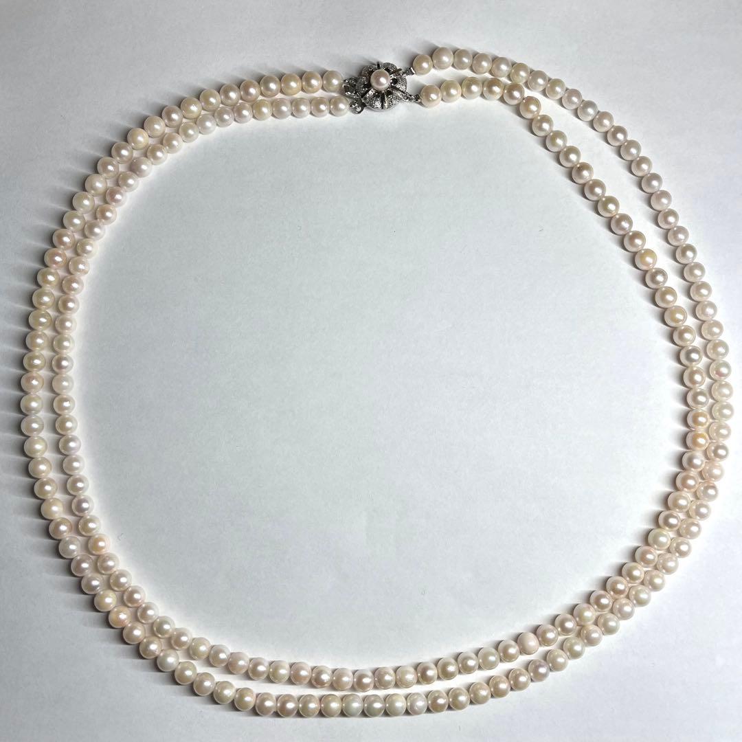 Akoya pearl 2-strand semi-long necklace with 5.3-5.5mm pearls and silver stamp clasp