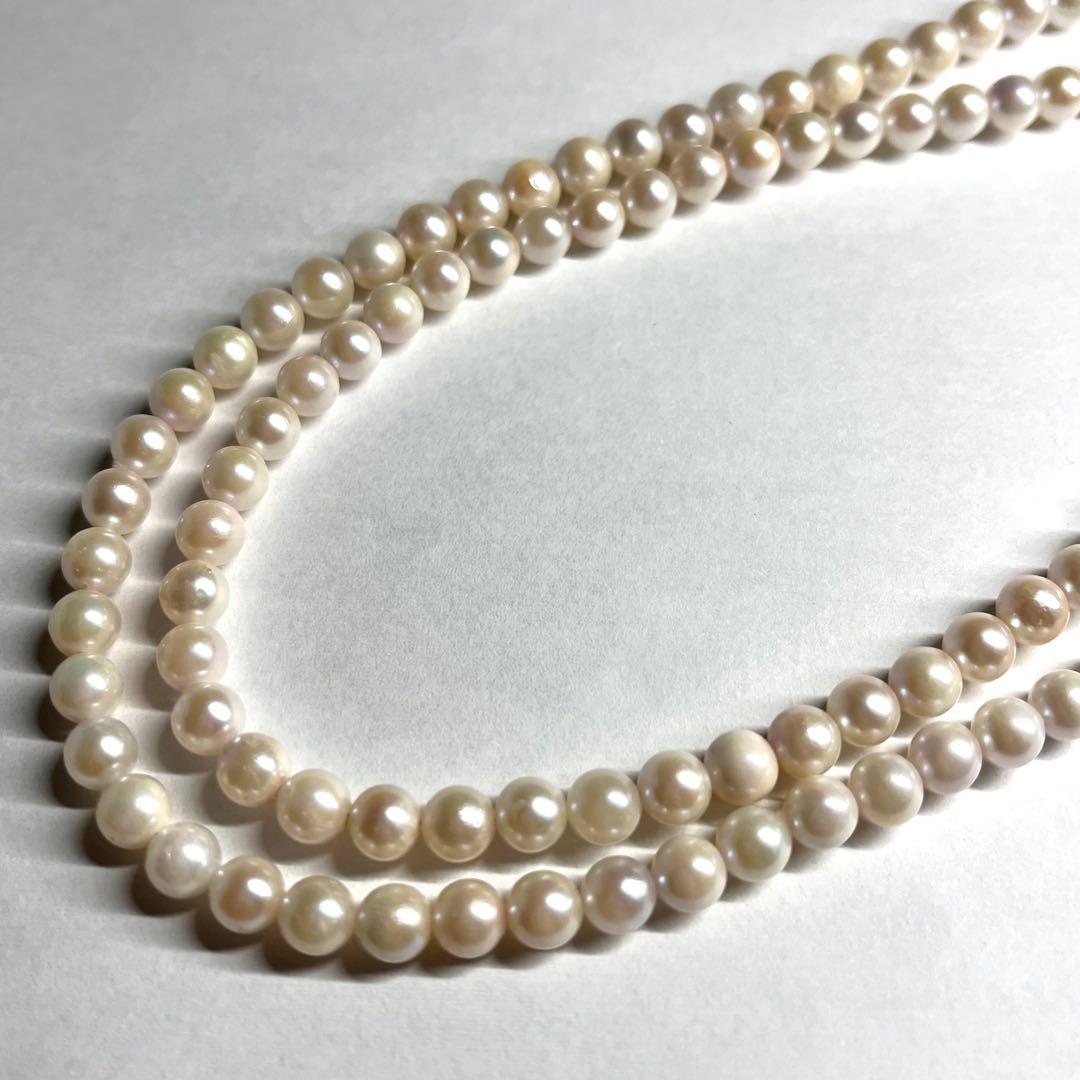 Akoya pearl 2-strand semi-long necklace with 5.3-5.5mm pearls and silver stamp clasp