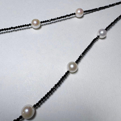 Akoya pearl and black spinel necklace with nine 8.1mm pearl beads on a 59cm chain