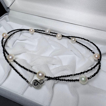 Akoya pearl and black spinel necklace with nine 8.1mm pearl beads on a 59cm chain
