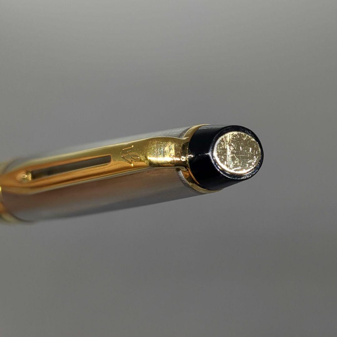 Waterman Expert ballpoint pen with steel satin finish and 23K gold trim, showing minor wear