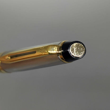 Waterman Expert ballpoint pen with steel satin finish and 23K gold trim, showing minor wear