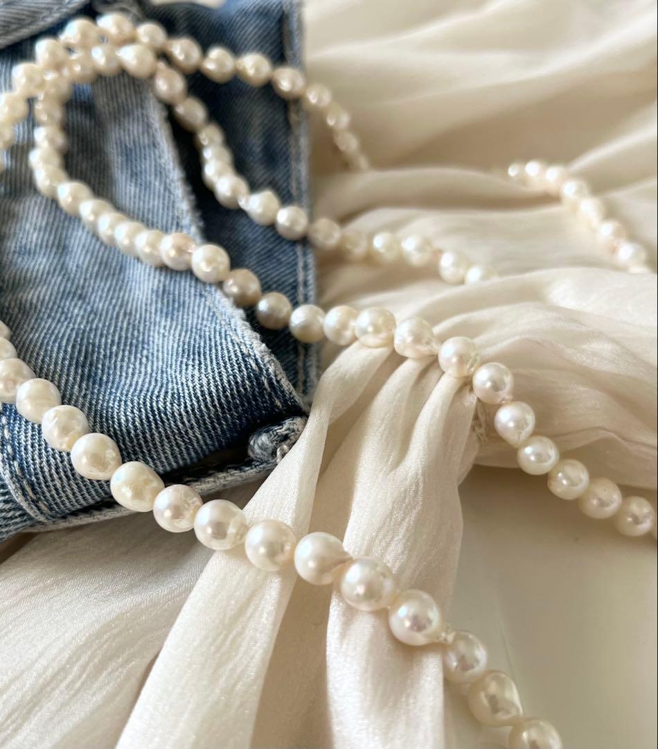 Akoya pearl long necklace 100cm with off-white 6.5-7mm baroque pearls, slip-on style, no clasp