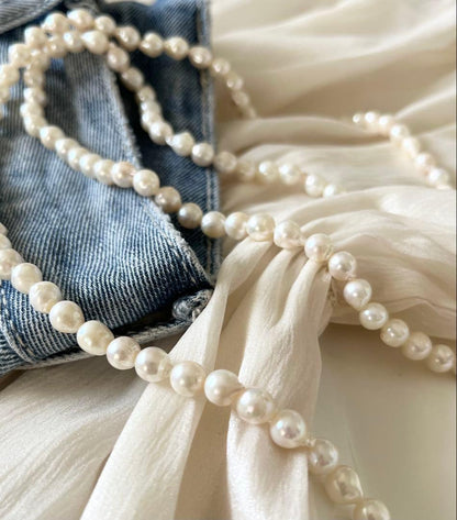 Akoya pearl long necklace 100cm with off-white 6.5-7mm baroque pearls, slip-on style, no clasp