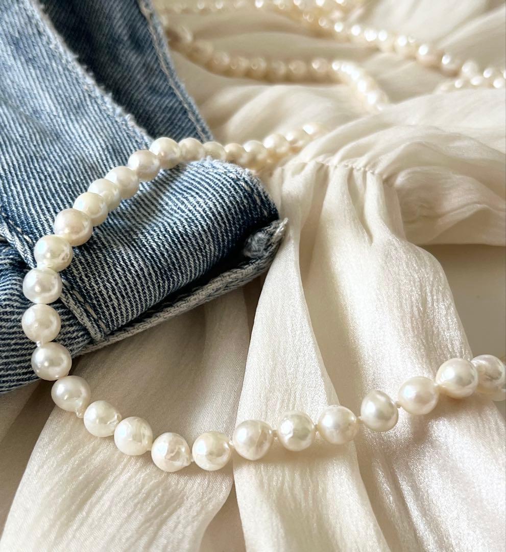 Akoya pearl long necklace 100cm with off-white 6.5-7mm baroque pearls, slip-on style, no clasp