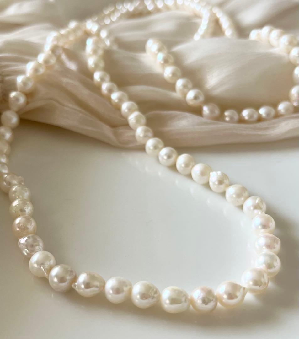 Akoya pearl long necklace 100cm with off-white 6.5-7mm baroque pearls, slip-on style, no clasp