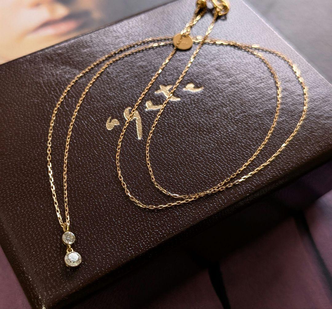 Agete K18 diamond necklace with 0.15ct two diamonds and slide chain up to 45 cm length