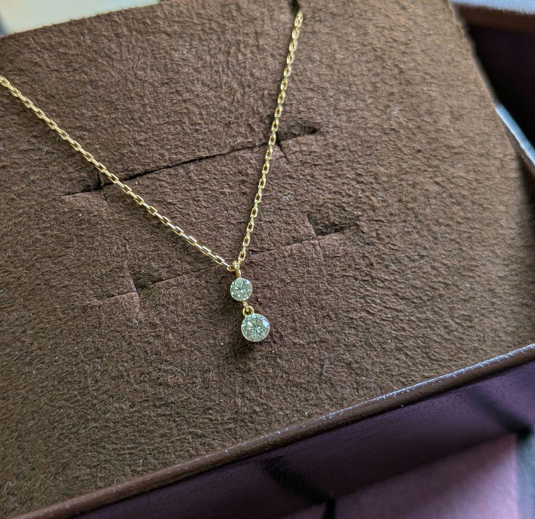 Agete K18 diamond necklace with 0.15ct two diamonds and slide chain up to 45 cm length