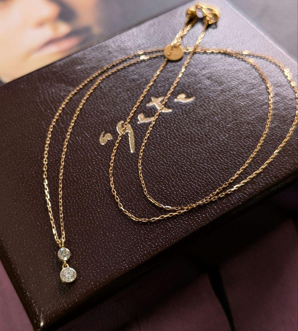 Agete K18 diamond necklace with 0.15ct two diamonds and slide chain up to 45 cm length