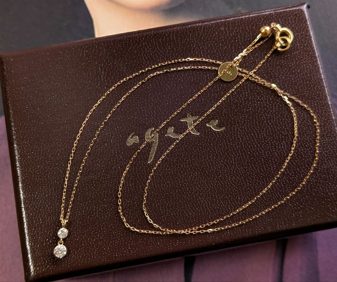 Agete K18 diamond necklace with 0.15ct two diamonds and slide chain up to 45 cm length