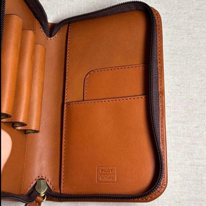 Pilot×Somes brown cowhide leather pen case with three slots and zipper closure