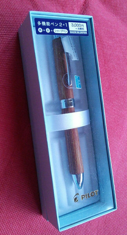 Pilot Regno 2+1 multi-function pen with wood and resin body and 0.5mm tip, shown capped and uncapped