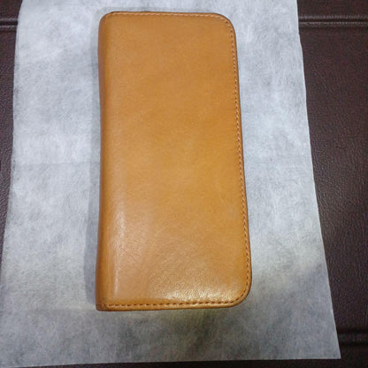 Brown leather Pentsamble Round Zip pen case with zip closure and long wallet design
