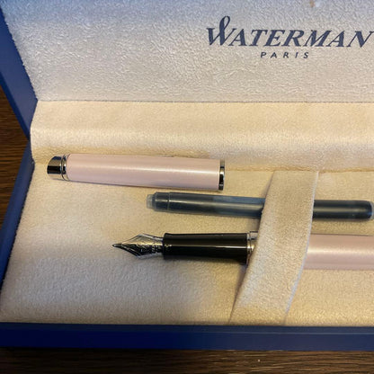 Waterman Fountain Pen Pink with stainless steel nib, fine and medium options, capped and uncapped views