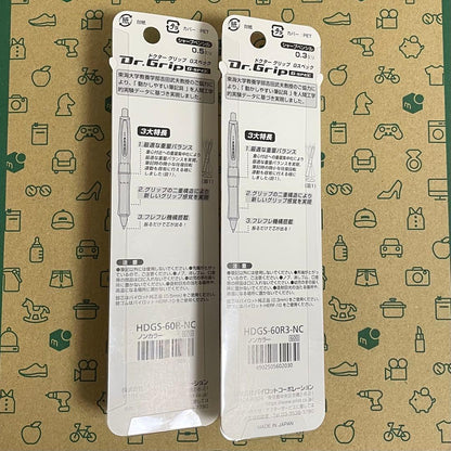 Two Pilot Dr.Grip G-spec Non-Color Clear pens showing 0.3mm and 0.5mm tips in clear casing