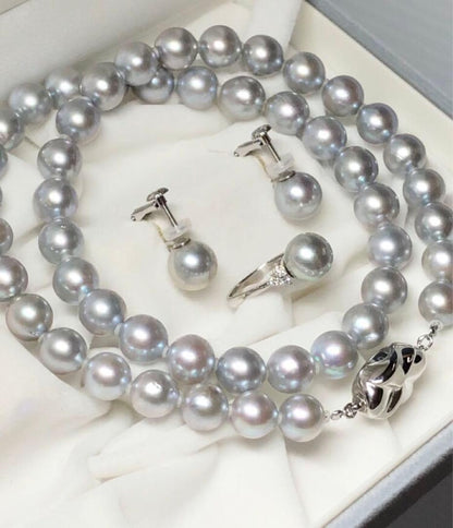 Akoya Pearl Necklace Earrings and Diamond Ring Set with 7.5-8 mm pearls and 43 cm necklace
