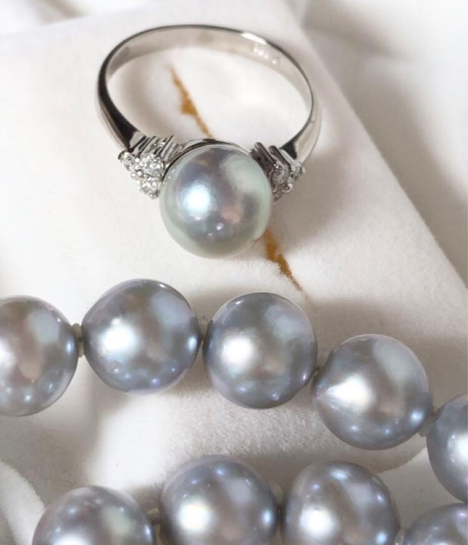 Akoya Pearl Necklace Earrings and Diamond Ring Set with 7.5-8 mm pearls and 43 cm necklace