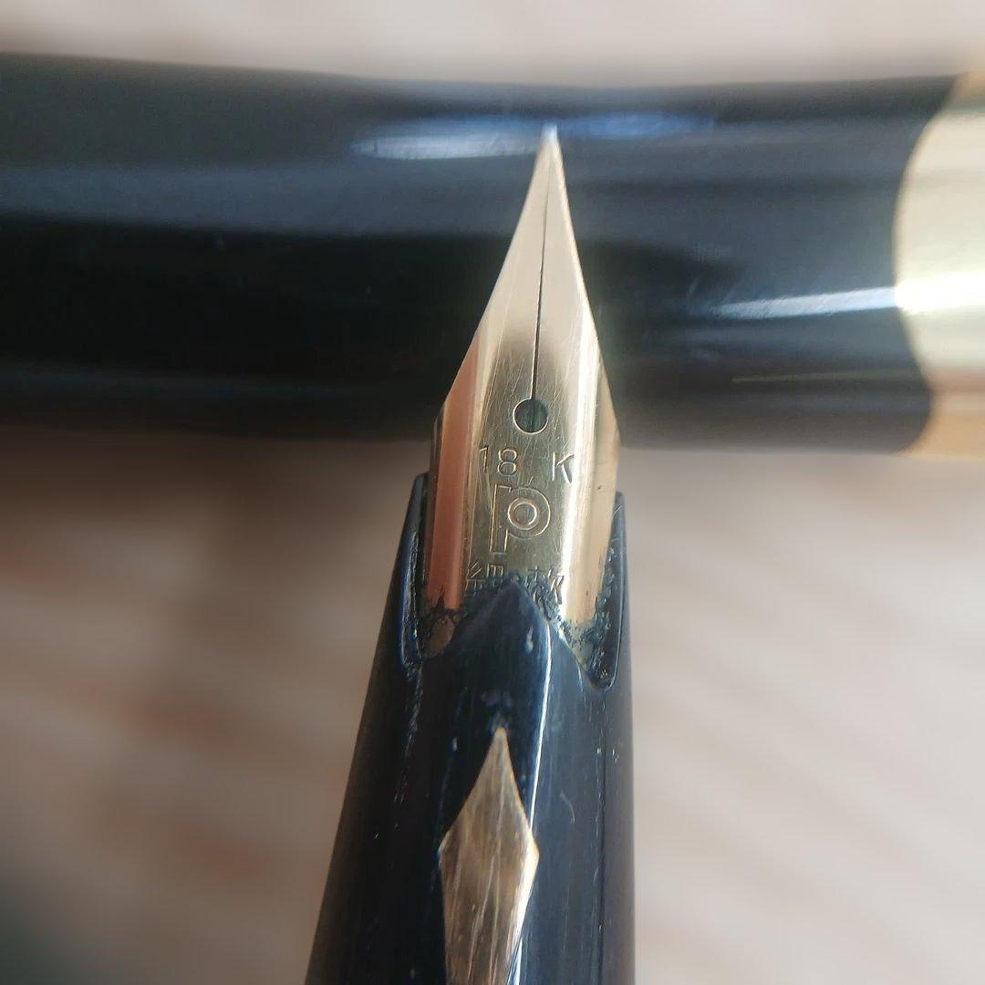 Pilot fountain pen with 18K fine soft engraved tip, vintage used condition, showing previous owner's name