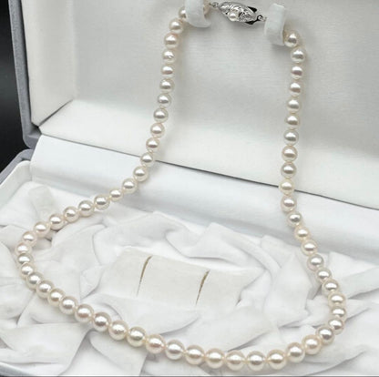 Akaoya pearl necklace with bright pink hue 6 to 6.5 mm pearls on a 42 cm silver chain
