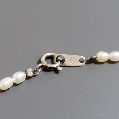 Suzunoya pearl necklace with small oval Akoya pearls and 925 silver clasp on white background