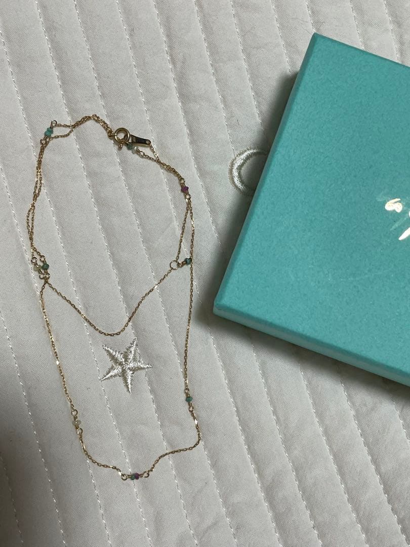 agete K10 gold necklace featuring Clamperl pearl, turquoise, and ruby on a 45 cm chain