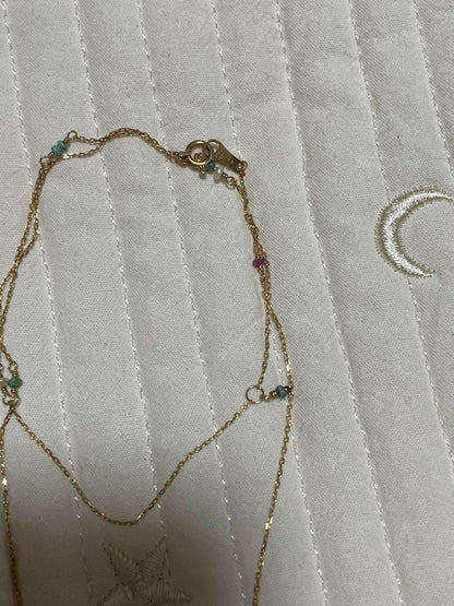 agete K10 gold necklace featuring Clamperl pearl, turquoise, and ruby on a 45 cm chain