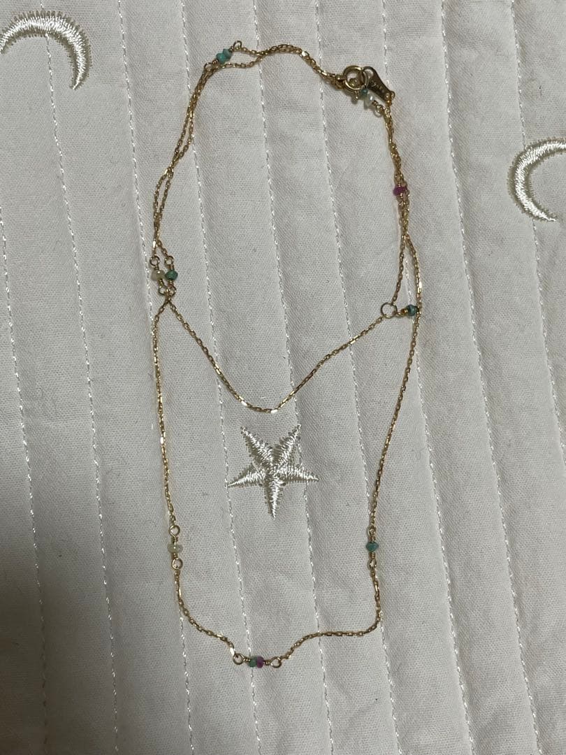 agete K10 gold necklace featuring Clamperl pearl, turquoise, and ruby on a 45 cm chain