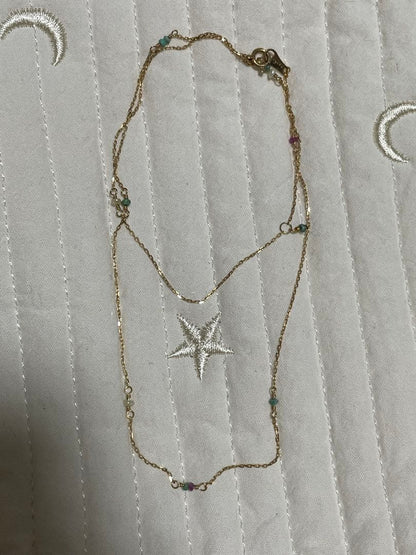 agete K10 gold necklace featuring Clamperl pearl, turquoise, and ruby on a 45 cm chain