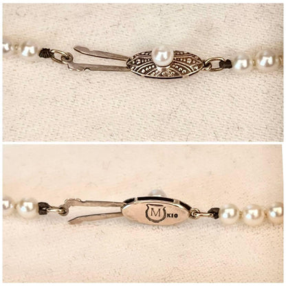 MIKIMOTO Gradient Necklace with cultured pearls ranging 3.6 to 7.0 mm and K10 metal clasp on a white background