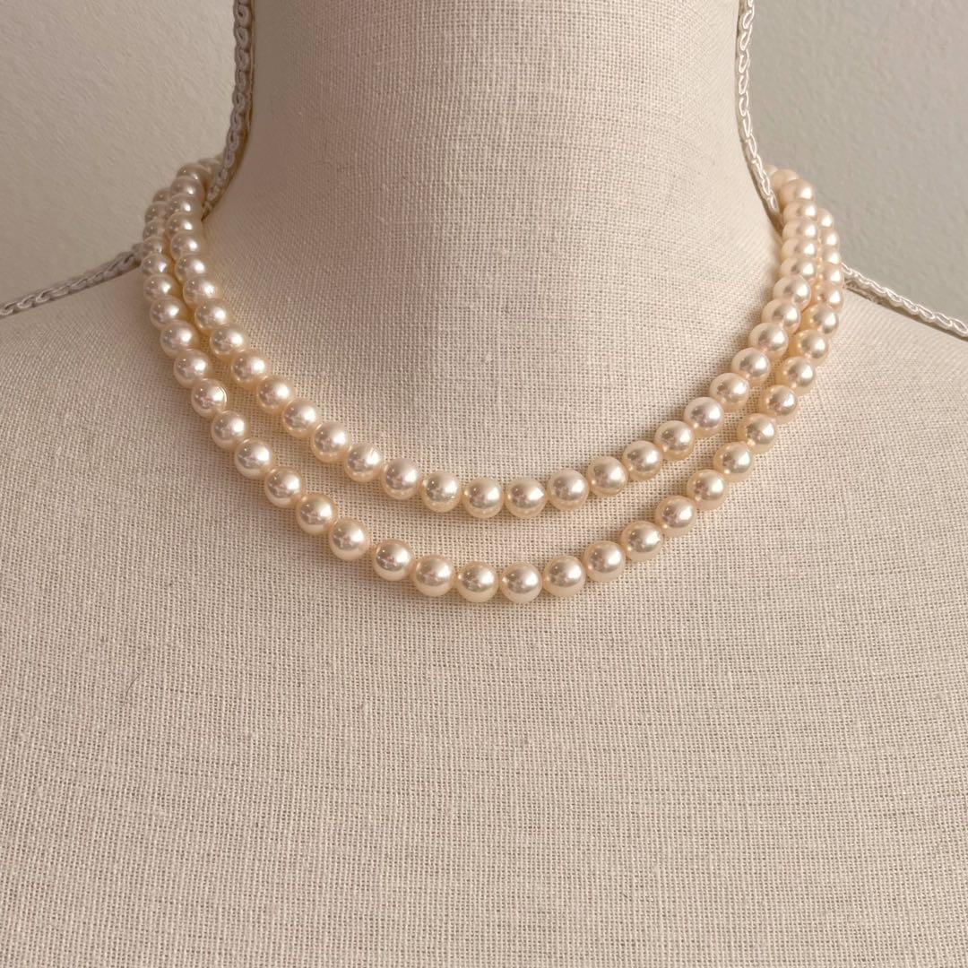 TASAKI 2-strand white Akoya pearl necklace with K14WG clasp, 41cm length, pearls sized 6.5-6.8mm