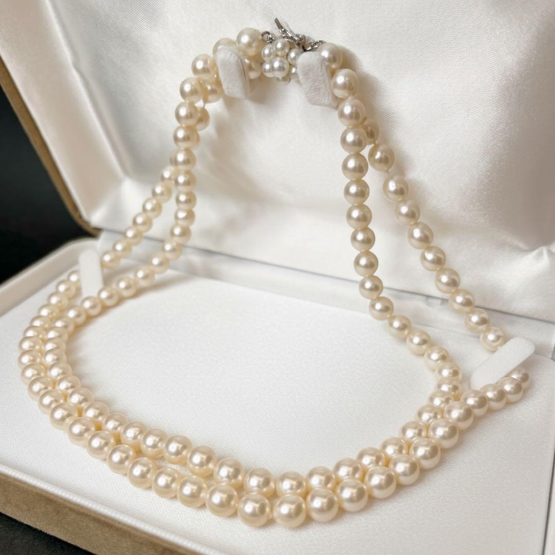TASAKI 2-strand white Akoya pearl necklace with K14WG clasp, 41cm length, pearls sized 6.5-6.8mm
