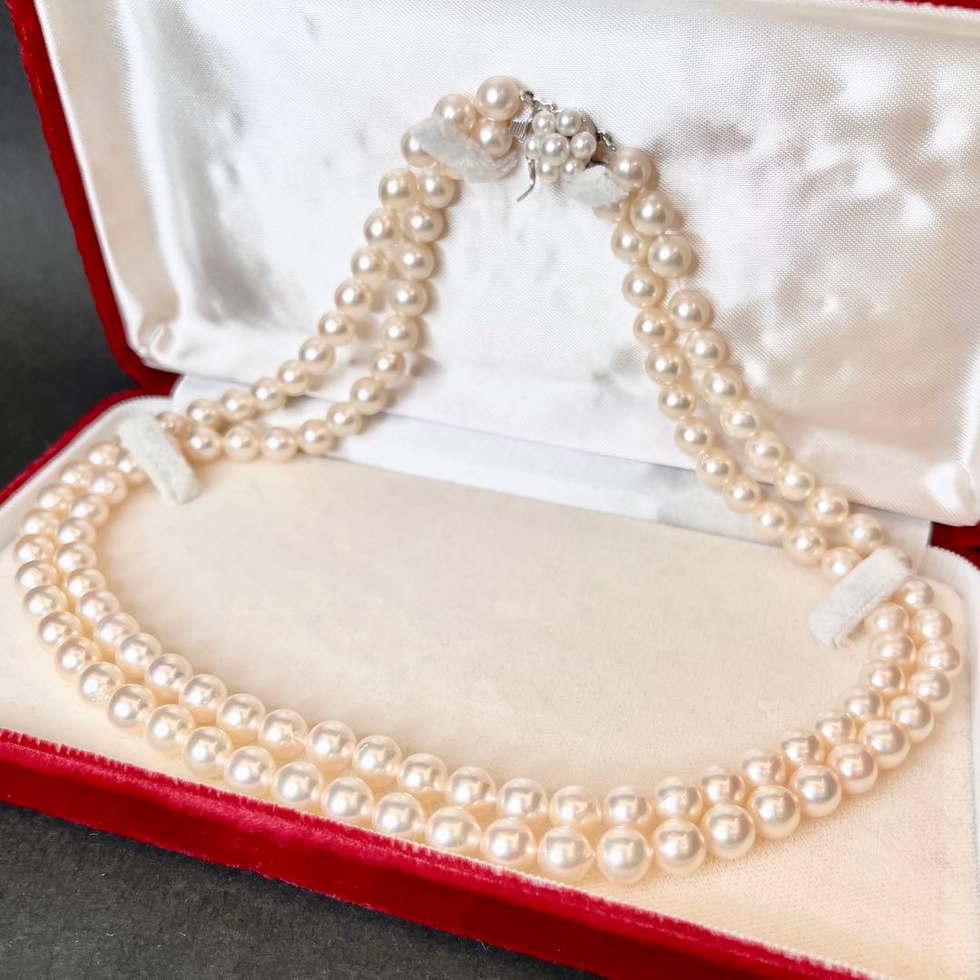 TASAKI 2-strand white Akoya pearl necklace with K14WG clasp, 41cm length, pearls sized 6.5-6.8mm