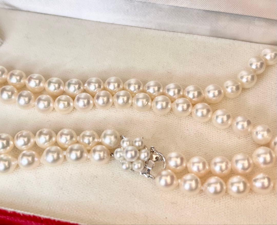TASAKI 2-strand white Akoya pearl necklace with K14WG clasp, 41cm length, pearls sized 6.5-6.8mm