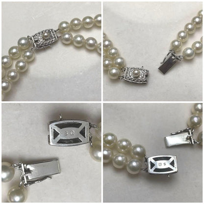 Takashi Akoya pearl two-strand necklace with silver clasp and 6-6.5 mm pearls on a white background