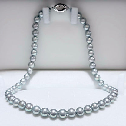 Akoya pearl necklace with silver clasp and blue grey pearls measuring 7.5-7.9mm, 43cm long