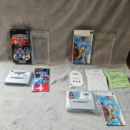 SNES Albert Odyssey 1 and 2 Set game cartridges with original labels for RPG titles by Sunsoft