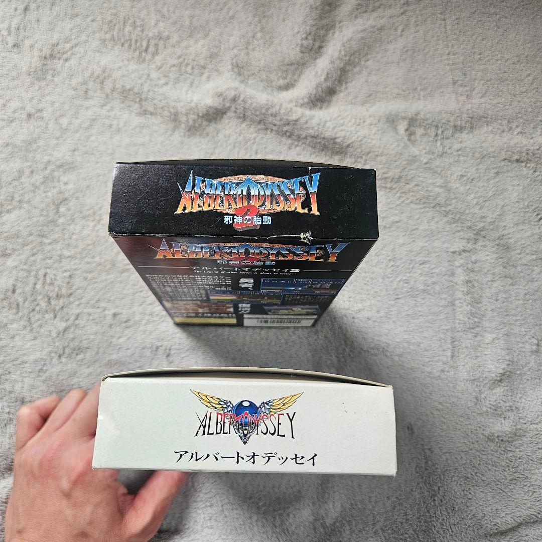 SNES Albert Odyssey 1 and 2 Set game cartridges with original labels for RPG titles by Sunsoft