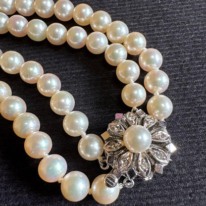 Akoya pearl 2-row necklace with silver clasp, length approximately 41 centimeters
