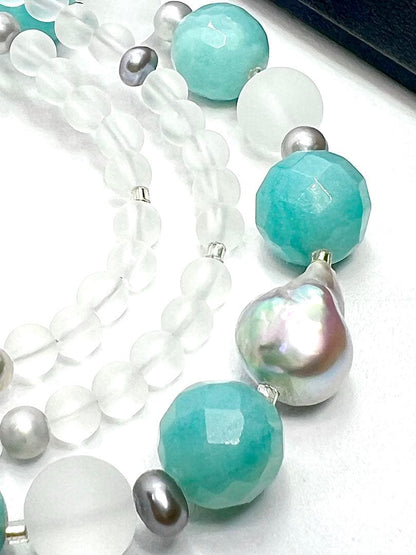 Natural blue pearl and amazonite necklace with Akoya and no-dyed freshwater pearls, approx. 50-55cm long