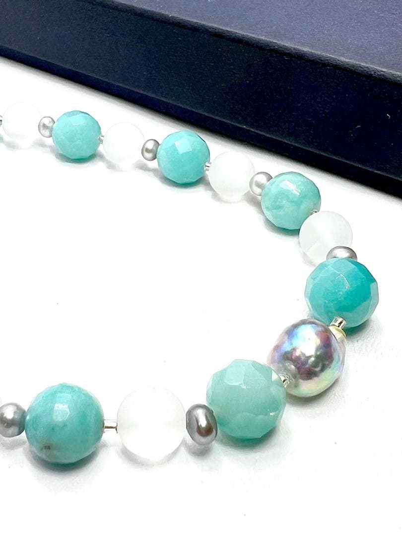 Natural blue pearl and amazonite necklace with Akoya and no-dyed freshwater pearls, approx. 50-55cm long