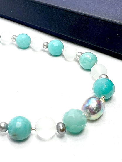 Natural blue pearl and amazonite necklace with Akoya and no-dyed freshwater pearls, approx. 50-55cm long